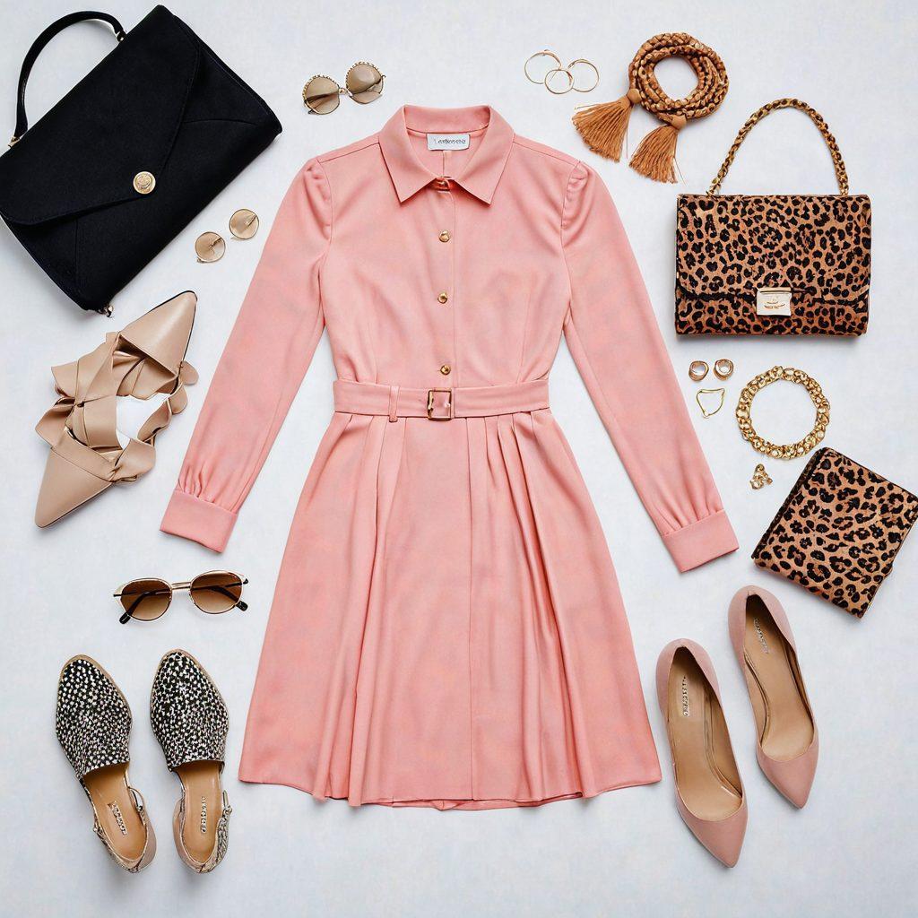 An elegant flat lay of stylish and affordable clothing items from Ross, showcasing a variety of textures and patterns, like chic dresses, trendy accessories, and shoes. Include a stylish notebook and pen for planning outfits, surrounded by pastel-colored fabrics and fashion magazines. The scene should convey a sense of sophistication and accessibility, inviting readers to explore the latest trends. super-realistic. vibrant colors. white background.